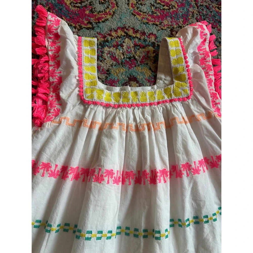Cat &‎ Jack Girls Dress White Neon Embroidered Palm Tree Pineapple Fringe bin B